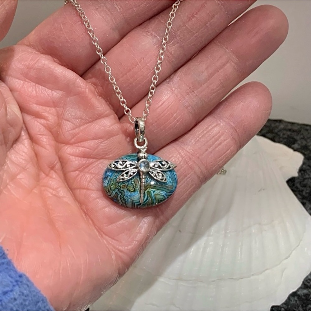 Blue Laguna Lace & Moonstone Sterling Dragonfly Pendant - Picture 2 of 5